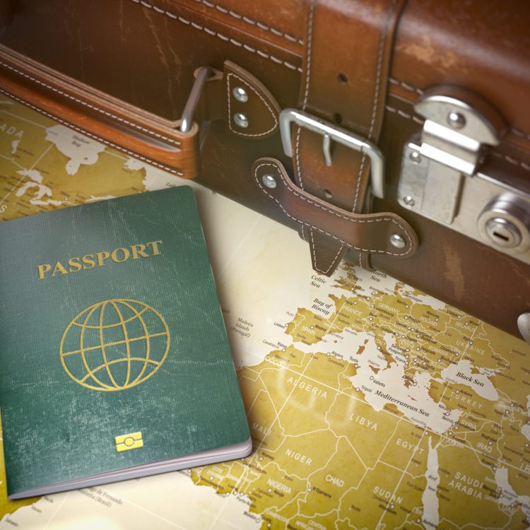Travel or turism concept.  Old  suitcase with passport on the world map. Vintage background. 3d illustration
