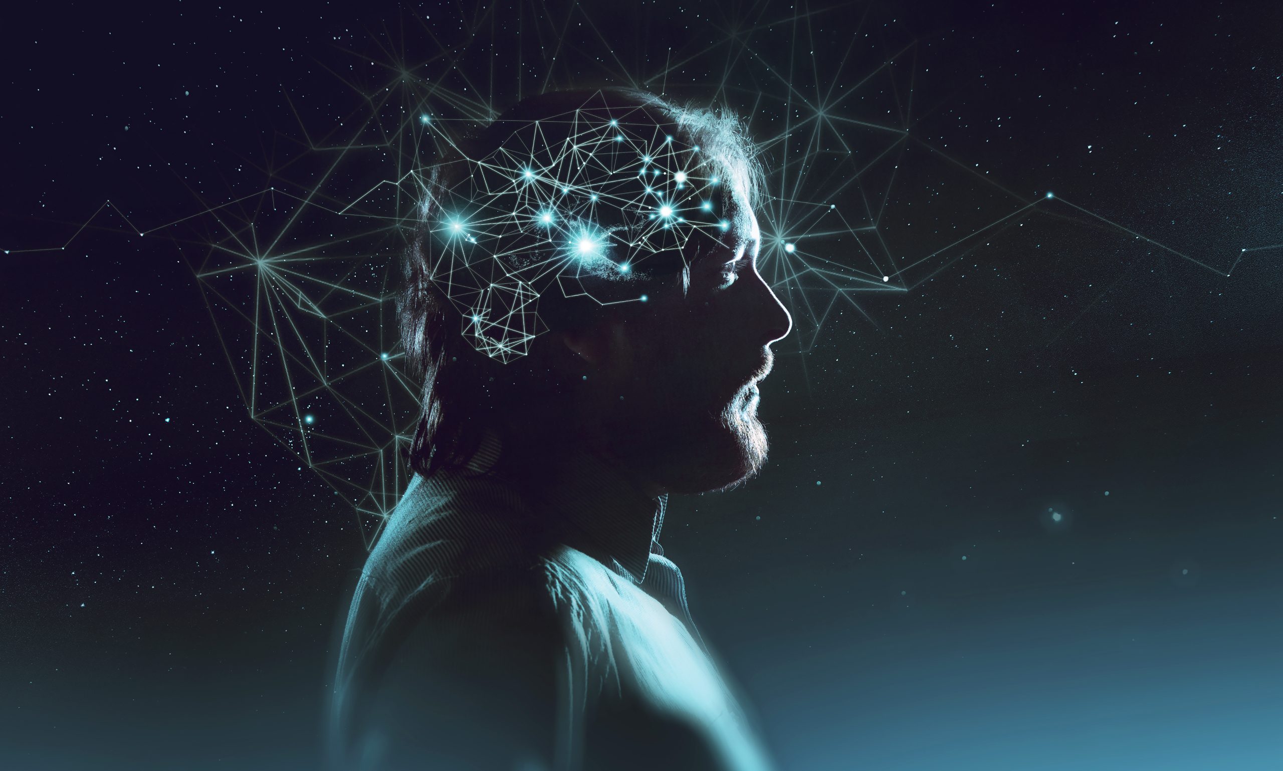 Profile,Of,Bearded,Man,With,Symbol,Neurons,In,Brain.,Thinking